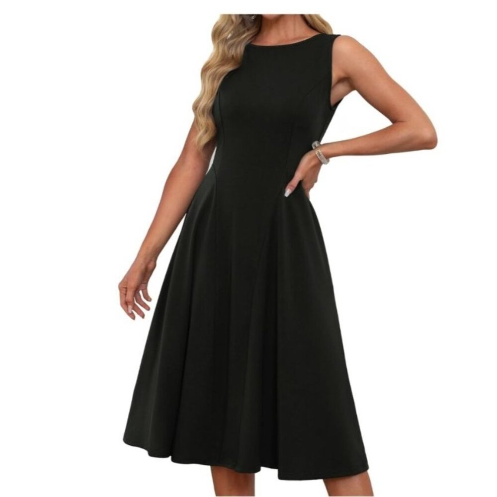 Grace Karin Womens Large Black A-Line Midi Cocktail Dress Sleeveless Tank Design